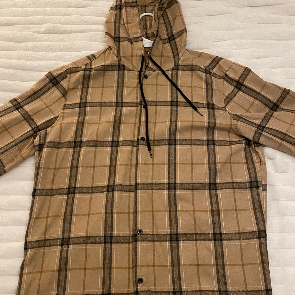 Men's Classic Tan Plaid Hooded Shirt Jacket